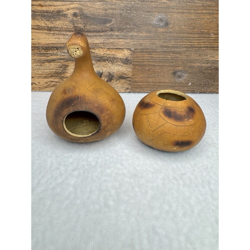 Hand Carved Fire Etched Natural Gourd Set Folk Art Decorative Bowls Rustic Brown